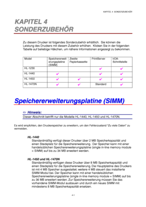 Page 65KAPITEL 4  SONDERZUBEHÖR
4-1
4
4K
K
A
A
P
P
I
I
T
T
E
E
L
L
 
 
4
4
S
S
O
O
N
N
D
D
E
E
R
R
Z
Z
U
U
B
B
E
E
H
H
Ö
Ö
R
R
Zu diesem Drucker ist folgendes Sonderzubehör erhältlich.  Sie können die
Leistung des Druckers mit diesem Zubehör erhöhen.  Klicken Sie in der folgenden
Tabelle auf beliebige Häkchen, um nähere Informationen angezeigt zu bekommen.
Model Speichererweit
erungsplatine
(SIMM)Zweite
Papierkassette
PrintServer IrDA-
Schnittstelle
HL-1230✔✔
HL-1440✔✔✔
HL-1450✔✔✔✔
HL-1470N✔✔Standard✔
S
S
p
p...