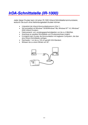 Page 724-8
I
I
r
r
D
D
A
A
-
-
S
S
c
c
h
h
n
n
i
i
t
t
t
t
s
s
t
t
e
e
l
l
l
l
e
e
 
 
(
(
I
I
R
R
-
-
1
1
0
0
0
0
0
0
)
)
Jeder dieser Drucker kann mit einer IR-1000 Infrarot-Schnittstelle kommunizieren,
wodurch Sie auch ohne Verbindungskabel drucken k
önnen.
• Unterst ützt die Infrarot-Kommunikationsnorm IrDa1.1.
•  Voll kompatibel mit Windows® 95/98/Windows® Me, Windows NT® 4.0, Windows®
2000 Infrarot-Druckern.
•   Datenversand- und -empfangsgeschwindigkeiten von bis zu 4 Mbit/Sek.
•   Anschluss an parallele...