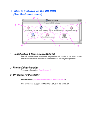 Page 161-6
 
™ What is included on the CD-ROM
(For Macintosh users)
1 Initial setup & Maintenance Tutorial
See the maintenance operations required for this printer in the video movie.
We recommend that you look at the video first before getting started.
2 Printer Driver Installer
For more information, See Chapter 2.
3 BR-Script PPD Installer
Printer driver (For more information, see Chapter 2)
This printer has support for Mac OS 8.51, 8.6, 9.0 and 9.04.
1
2
1
654
 