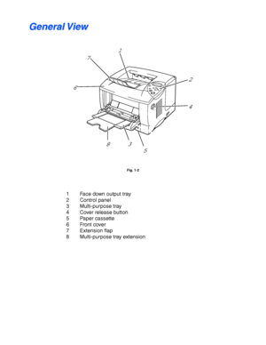 Page 181-8
 G G
e e
n n
e e
r r
a a
l l
   
V V
i i
e e
w w
 
 
 
Fig. 1-2
 
 
 
 
1 Face down output tray
 2 Control panel
 3 Multi-purpose tray
 4 Cover release button
 5 Paper cassette
 6 Front cover
 7 Extension flap
 8 Multi-purpose tray extension
 
834 2
61
7
5
 