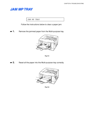 Page 177CHAPTER 6 TROUBLESHOOTING
6-11
J J
A A
M M
   
M M
P P
   
T T
R R
A A
Y Y
JAM MP TRAY
Follow the instructions below to clear a paper jam:
☛
☛☛ ☛ 1. Remove the jammed paper from the Multi-purpose tray.
Fig. 6-5
☛
☛☛ ☛ 2. Reset all the paper into the Multi-purpose tray correctly.
Fig. 6-6
 