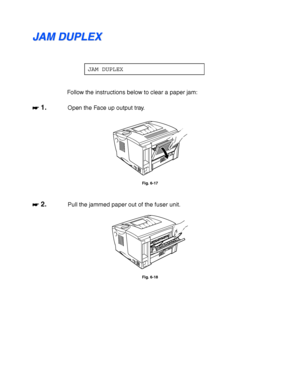 Page 1846-18
J J
A A
M M
   
D D
U U
P P
L L
E E
X X
JAM DUPLEX
Follow the instructions below to clear a paper jam:
☛
☛☛ ☛ 1.Open the Face up output tray.
Fig. 6-17
☛
☛☛ ☛ 2.Pull the jammed paper out of the fuser unit.
Fig. 6-18
 