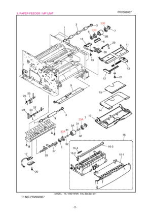 Page 73. PAPER FEEDER / MP UNIT
- 3 -
MODEL    HL-1850/1870N   84U-Z23/Z24-041
1
12 18
13
2111
19
101415 2
5B
5A633B33B
6
2731
31
33A33A
32
32
28 17
207
78
29
30
93
1
22
23 24
25
26
43
16
16-1 16-3
16-216-4
PR2002067
T/I NO. PR2002067
 