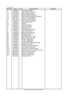 Page 84. DUPLEX
REF.NO.CODEQTY DESCRIPTION REMARK
1 LJ5216001 1EXIT ROLLER UNIT
1-1 LJ5220001 1EXIT ROLLER ASSY ZLH
1-2 UL9122001 4PINCH ROLLER ASSY  
1-3 UL9125001 4PINCH ROLLER SPRING  
1-4 LJ8364001 1REAR COVER SENSOR PCB ASSY
1-5 085411015 2 TAPTITE, BIND B M4X10
1-6 087310815 1 TAPTITE, CUP B M3X8
2 LJ5222001 1DX OUTER CHUTE ASSY
2-1 LJ5223001 1DX OUTER CHUTE  
2-2 LJ5224001 1FRAP 2
2-3 LJ5225001 1FRAP 2 SPRING
3 LJ5226001 1DX REAR CHUTE
4 LJ5227001 1REAR COVER C  
5 LJ5990001 1FAN MOTOR 60 B UNIT  
6...