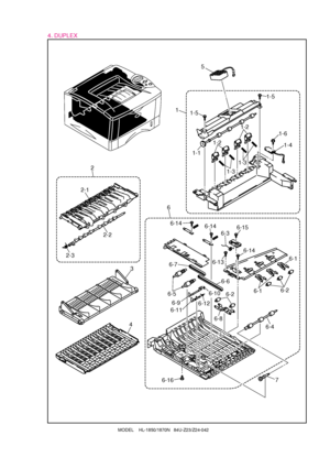 Page 94. DUPLEX
- 6 -
1-11-4
1-6
1-5
1-5
1-31-2
1-2
1-3
1
5
2
2-1
2-2 3
4 6
6-1
6-5 6-7
6-66-14
6-10 6-8 6-2
6-12
6-11
6-16 6-9
6-2
6-4 6-1
6-3
2-3
6-146-146-15
6-13
7
MODEL    HL-1850/1870N   84U-Z23/Z24-042
 