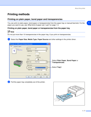 Page 14About this printer
1 - 7
1
Printing methods
Printing on plain paper, bond paper and transparencies
You can print on plain paper, bond paper or transparencies from the paper tray or manual feed slot. For the 
paper you want to use, see What kind of paper can I use? on page 1-4.
Printing on plain paper, bond paper or transparencies from the paper tray
Note
Do not put more than 10 transparencies in the paper tray, if you print on transparencies.
1Select the Paper Size, Media Type, Paper Source and other...