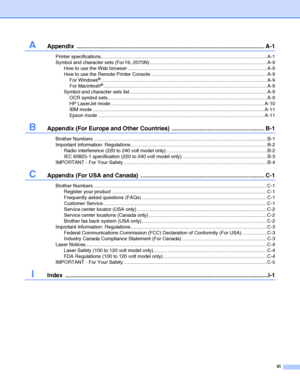 Page 7VI
AAppendix ................................................................................................................... A-1
Printer specifications.......................................................................................................................... A-1
Symbol and character sets (For HL-2070N) ...................................................................................... A-9
How to use the Web browser...