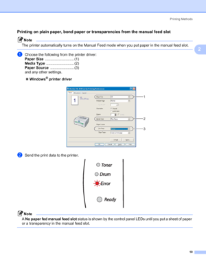 Page 17Printing Methods
10
2
Printing on plain paper, bond paper or transparencies from the manual feed slot2
Note
The printer automatically turns on the Manual Feed mode when you put paper in the manual feed slot.
 
aChoose the following from the printer driver:
Paper Size............................ (1)
Media Type........................... (2)
Paper Source....................... (3)
and any other settings.
„Windows
® printer driver
 
bSend the print data to the printer. 
Note
A No paper fed manual feed slot...