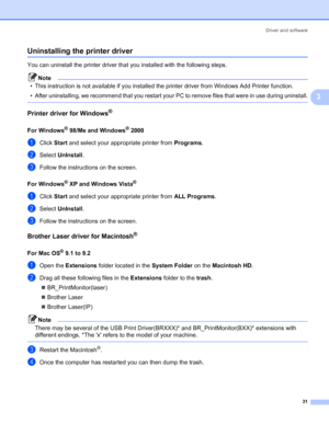 Page 38Driver and software
31
3
Uninstalling the printer driver3
You can uninstall the printer driver that you installed with the following steps.
Note
• This instruction is not available if you installed the printer driver from Windows Add Printer function.
• After uninstalling, we recommend that you restart your PC to remove files that were in use during uninstall.
 
Printer driver for Windows®3
For Windows® 98/Me and Windows® 20003
aClick Start and select your appropriate printer from Programs.
bSelect...