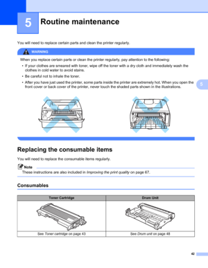 Page 4942
5
5
You will need to replace certain parts and clean the printer regularly.
WARNING 
When you replace certain parts or clean the printer regularly, pay attention to the following:
• If your clothes are smeared with toner, wipe off the toner with a dry cloth and immediately wash the 
clothes in cold water to avoid stains.
• Be careful not to inhale the toner.
• After you have just used the printer, some parts inside the printer are extremely hot. When you open the 
front cover or back cover of the...