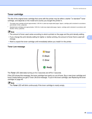 Page 50Routine maintenance
43
5
Toner cartridge5
The life of the original toner cartridge that came with the printer may be either a starter1or standard2 toner 
cartridge, and depends on the model and country you bought the printer in.
1The starter toner cartridge will print approximately 1,000 A4 or Letter-size single-sided pages. Approx. cartridge yield is declared in accordance 
with ISO/IEC 19752. (Letter/A4)
2Standard toner cartridges print approximately 1,500 A4 or Letter-size single-sided pages. Approx....