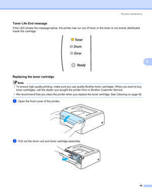 Page 51Routine maintenance
44
5
Toner Life End message5
If the LED shows the message below, the printer has run out of toner or the toner is not evenly distributed 
inside the cartridge.
 
Replacing the toner cartridge5
Note
• To ensure high quality printing, make sure you use quality Brother toner cartridges. When you want to buy 
toner cartridges, call the dealer you bought the printer from or Brother Customer Service.
• We recommend that you clean the printer when you replace the toner cartridge. See...