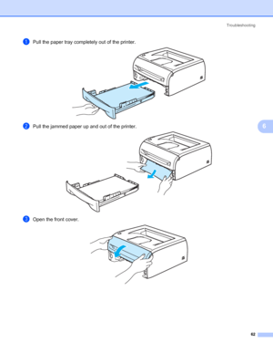 Page 69Troubleshooting
62
6
aPull the paper tray completely out of the printer. 
bPull the jammed paper up and out of the printer. 
cOpen the front cover. 
 