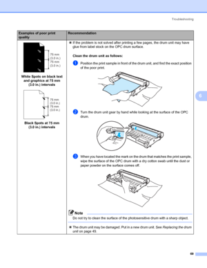 Page 76Troubleshooting
69
6
 
White Spots on black text 
and graphics at 75 mm 
(3.0 in.) intervals
 
Black Spots at 75 mm 
(3.0 in.) intervals„If the problem is not solved after printing a few pages, the drum unit may have 
glue from label stock on the OPC drum surface.
Clean the drum unit as follows:
6
aPosition the print sample in front of the drum unit, and find the exact position 
of the poor print.
 
bTurn the drum unit gear by hand while looking at the surface of the OPC 
drum.
 
cWhen you have located...