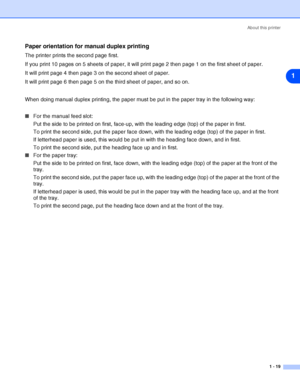 Page 26About this printer
1 - 19
1
Paper orientation for manual duplex printing
The printer prints the second page first.
If you print 10 pages on 5 sheets of paper, it will print page 2 then page 1 on the first sheet of paper.
It will print page 4 then page 3 on the second sheet of paper.
It will print page 6 then page 5 on the third sheet of paper, and so on.
When doing manual duplex printing, the paper must be put in the paper tray in the following way:
■For the manual feed slot:
Put the side to be printed...