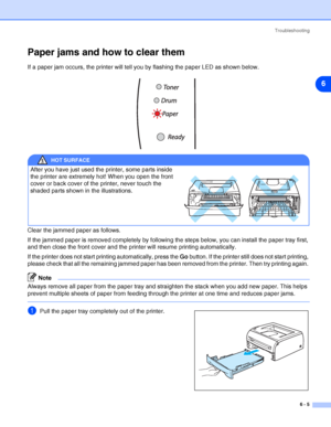 Page 76Troubleshooting
6 - 5
6
Paper jams and how to clear them
If a paper jam occurs, the printer will tell you by flashing the paper LED as shown below.
Clear the jammed paper as follows. 
If the jammed paper is removed completely by following the steps below, you can install the paper tray first, 
and then close the front cover and the printer will resume printing automatically. 
If the printer does not start printing automatically, press the Go button. If the printer still does not start printing, 
please...