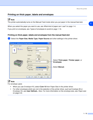 Page 20About this printer
1 - 13
1
Printing on thick paper, labels and envelopes
Note
The printer automatically turns on the Manual Feed mode when you put paper in the manual feed slot.
When you select the paper you want to use, see What kind of paper can I use? on page 1-4.
If you print on envelopes, see Types of envelopes to avoid on page 1-16.
Printing on thick paper, labels and envelopes from the manual feed slot
1Select the Paper Size, Media Type, Paper Source and other settings in the printer driver....