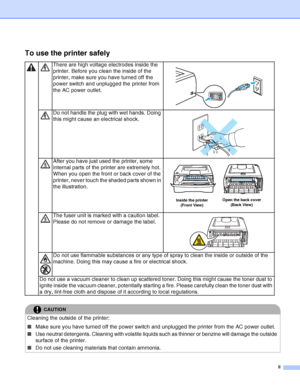 Page 3II
To use the printer safely
There are high voltage electrodes inside the 
printer. Before you clean the inside of the 
printer, make sure you have turned off the 
power switch and unplugged the printer from 
the AC power outlet.
Do not handle the plug with wet hands. Doing 
this might cause an electrical shock.
After you have just used the printer, some 
internal parts of the printer are extremely hot. 
When you open the front or back cover of the 
printer, never touch the shaded parts shown in 
the...