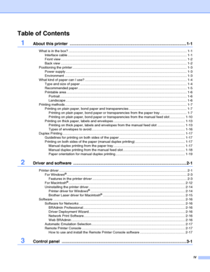 Page 5IV
Table of Contents
1About this printer  ......................................................................................................1-1
What is in the box? ............................................................................................................................ 1-1
Interface cable ............................................................................................................................. 1-1
Front view...