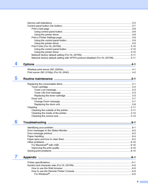 Page 6V
Service call indications ...................................................................................................................... 3-5
Control panel button (Go button) ....................................................................................................... 3-7
Print a test page .......................................................................................................................... 3-8
Using control panel...