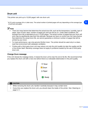 Page 63Routine maintenance
5 - 7
5
Drum unit
This printer can print up to 12,000 pages* with one drum unit.
* At 5% print coverage (A4 or Letter size). The actual number of printed pages will vary depending on the average type 
of print job and paper.
Note
 There are many factors that determine the actual drum life, such as the temperature, humidity, type of 
paper, type of toner used, number of pages per print job and so on. Under ideal conditions, the 
average drum life is estimated at up to 12,000 pages....