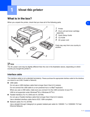 Page 81
1 - 1
1About this printer
What is in the box?
When you unpack the printer, check that you have all of the following parts.
1Printer
2Drum unit and toner cartridge 
assembly
3Quick Setup Guide
4CD-ROM
5AC power cord
Parts may vary from one country to 
another.
Note
The AC power cord may be slightly different than the one in the illustration above, depending on which 
country you bought the printer in.
Interface cable
The interface cable is not a standard accessory. Please purchase the appropriate...