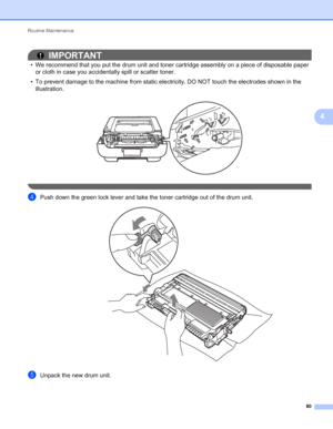 Page 84Routine Maintenance 
80
4
IMPORTANT
• We recommend that you put the drum unit and toner cartridge assembly on a piece of disposable paper 
or cloth in case you accidentally spill or scatter toner.
• To prevent damage to the machine from static electricity, DO NOT touch the electrodes shown in the 
illustration.
 
 
dPush down the green lock lever and take the toner cartridge out of the drum unit. 
eUnpack the new drum unit.
 