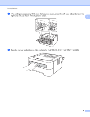 Page 20Printing Methods 
16
1
b Pull down the two green levers, one on the left-hand side and one on the 
right-hand side, as shown in the illustration below.
 
cOpen the manual feed slot cover. (Not available for HL-2130 / HL-2132 / HL-2135W / HL-2220) 
 