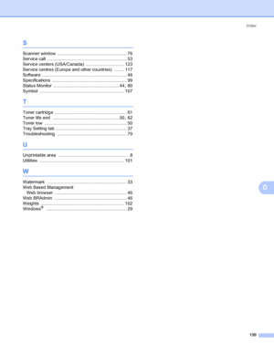 Page 138Index
130
D
S
Scanner window ........................................................ 76
Service call
 ................................................................ 53
Service centers (USA/Canada)
 ............................... 123
Service centres (Europe and other countries)
 ........ 117
Software
 .................................................................... 46
Specifications
 ............................................................ 99
Status Monitor...