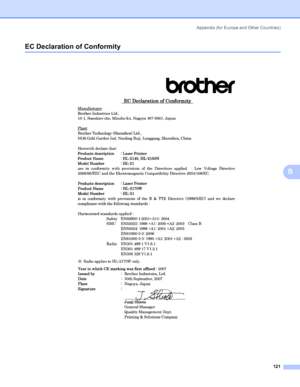 Page 129Appendix (for Europe and Other Countries)
121
B
EC Declaration of ConformityB
 
 