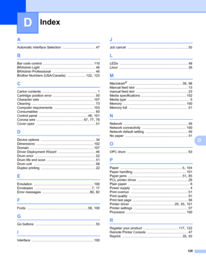 Page 137Index
129
D
D
A
Automatic Interface Selection ................................... 47
B
Bar code control ...................................................... 110
BRAdmin Light
 .......................................................... 46
BRAdmin Professional
 .............................................. 46
Brother Numbers (USA/Canada)
 .................... 122, 123
C
Carton contents ........................................................... 1
Cartridge position error...
