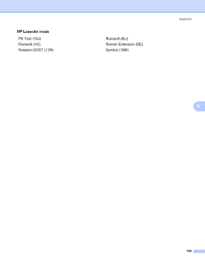 Page 117Appendix
109
A
PS Text (10J) Roman8 (8U)
Roman9 (4U) Roman Extension (0E)
Russian-GOST (12R) Symbol (19M) HP LaserJet mode
 