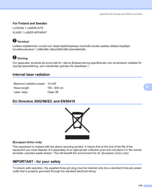 Page 127Appendix (for Europe and Other Countries)
119
B
For Finland and SwedenB
LUOKAN 1 LASERLAITE
KLASS 1 LASER APPARAT
 Varoitus!
B
Laitteen käyttäminen muulla kuin tässä käyttöohjeessa mainitulla tavalla saattaa altistaa käyttäjän 
turvallisuusluokan 1 ylittävälle näkymättömälle lasersäteilylle.
 Varning
B
Om apparaten används på annat sätt än i denna Bruksanvisning specificerats, kan användaren utsättas för 
osynlig laserstrålning, som överskrider gränsen för laserklass 1.
Internal laser radiationB
EU...