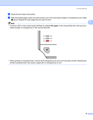 Page 24Printing Methods
16
2
fSend the print data to the printer.
gAfter the printed page comes out of the printer, put in the next sheet of paper or transparency as in Step 
d above. Repeat for each page that you want to print.
Note
• The Error LED on the control panel will flash to indicate No paper in the manual feed slot until you put a 
sheet of paper or transparency in the manual feed slot.
 
• When printing on transparencies, remove each transparency as soon as it has been printed. Stacking the 
printed...