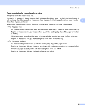 Page 33Printing Methods
25
2
Paper orientation for manual duplex printing2
The printer prints the second page first.
If you print 10 pages on 5 sheets of paper, it will print page 2 and then page 1 on the first sheet of paper. It 
will print page 4 and then page 3 on the second sheet of paper. It will print page 6 and then page 5 on the 
third sheet of paper, and so on.
When doing manual duplex printing, the paper must be put in the paper tray in the following way:
„For the paper tray:
• Put the side to be...