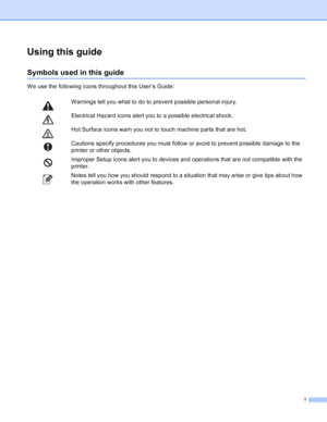 Page 2i
Using this guide
Symbols used in this guide
We use the following icons throughout this User’s Guide:
 Warnings tell you what to do to prevent possible personal injury.
 Electrical Hazard icons alert you to a possible electrical shock.
 Hot Surface icons warn you not to touch machine parts that are hot.
 Cautions specify procedures you must follow or avoid to prevent possible damage to the 
printer or other objects.
 Improper Setup icons alert you to devices and operations that are not compatible with...