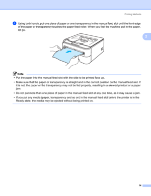 Page 22Printing Methods
14
2
dUsing both hands, put one piece of paper or one transparency in the manual feed slot until the front edge 
of the paper or transparency touches the paper feed roller. When you feel the machine pull in the paper, 
let go.
 
Note
• Put the paper into the manual feed slot with the side to be printed face up.
• Make sure that the paper or transparency is straight and in the correct position on the manual feed slot. If 
it is not, the paper or the transparency may not be fed properly,...