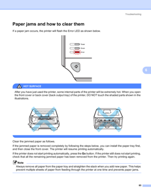 Page 93Troubleshooting
85
6
Paper jams and how to clear them6
If a paper jam occurs, the printer will flash the Error LED as shown below.
 
HOT SURFACE 
After you have just used the printer, some internal parts of the printer will be extremely hot. When you open 
the front cover or back cover (back output tray) of the printer, DO NOT touch the shaded parts shown in the 
illustrations.
 
Clear the jammed paper as follows.
If the jammed paper is removed completely by following the steps below, you can install the...