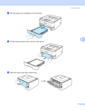 Page 95Troubleshooting
87
6
dPull the paper tray completely out of the printer. 
ePull the jammed paper down and out of the printer. 
fOpen the back cover (back output tray). 
 