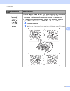 Page 122Troubleshooting 
118
5
 
CurledChoose  Reduce Paper Curl mode in the printer driver when you do not use our 
recommended paper. See Improve Print Output in Other Print Options... 
on page 32 (For Windows
®) or Print Settings on page 43 (For Macintosh).
Turn the paper over in the paper tray, and print again. (Excluding letterhead 
paper) If the problems remains, switch the Anti-Curl Levers as follows:
aOpen the back cover.
bLift the lever (1) and slide the two gray levers (2) in the direction of the...