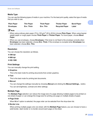 Page 31Driver and Software 
27
2
Media Type2
You can use the following types of media in your machine. For the best print quality, select the type of media 
that you wish to use.
Note
• When using ordinary plain paper (75 to 105 g/m2 (20 to 28 lb)) choose Plain Paper. When using heavier 
weight paper or rough paper choose Thick Paper or Thicker Paper. For bond paper, choose Bond 
Paper. 
• When you use envelopes, choose Envelopes. If the toner is not fixed to the envelope correctly when 
Envelopes has been...