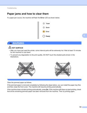 Page 109Troubleshooting 
105
5
Paper jams and how to clear them5
If a paper jam occurs, the machine will flash the Error LED as shown below.
 
WARNING 
 HOT SURFACE
• After you have just used the printer, some internal parts will be extremely hot. Wait at least 10 minutes 
for the machine to cool down.
• To prevent any degradation to the print quality, DO NOT touch the shaded parts shown in the 
illustrations.
 
Clear the jammed paper as follows.
If the jammed paper is removed completely by following the steps...