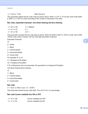 Page 137Appendix 
133
A
This parameter selects the bar code mode as shown above. When n is ‘t5’ or ‘T5’ the bar code mode (EAN 
8, EAN 13, or UPC A) varies according to the number of characters in the data.
Bar code, expanded character, line block drawing and box drawingA
This parameter chooses the bar code style as above. When the EAN 8, EAN 13, UPC-A, Code 128 or EAN 
128 bar code mode is chosen, this bar code style parameter is ignored.
Expanded Character
‘S’
0 = White
1 = Black
2 = Vertical stripes
3 =...