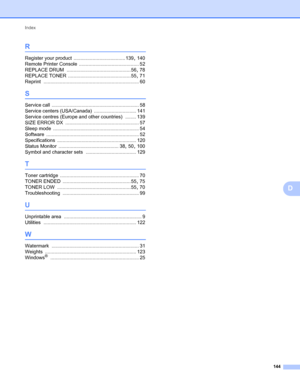 Page 148Index
144
D
R
Register your product ...................................... 139, 140
Remote Printer Console
 ............................................ 52
REPLACE DRUM
 ............................................... 56, 78
REPLACE TONER
 .............................................. 55, 71
Reprint
 ...................................................................... 60
S
Service call ................................................................ 58
Service centers (USA/Canada)...