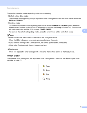 Page 79Routine Maintenance 
75
4
The printing operation varies depending on the machine setting:
Default setting (Stop mode)
The machine will stop printing until you replace the toner cartridge with a new one when the LEDs indicate  
REPLACE TONER.
Continue mode
To force the machine to continue printing after the LEDs indicate REPLACE TONER, press Go seven 
times to enter Continue mode (all the LEDs flash twice, and then the Ready LED turns on). The machine 
will continue printing until the LEDs indicate...