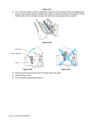 Page 1255 - 20   ROUTINE MAINTENANCE
Figure 5-27
5) Put in the new transfer roller by holding the lock levers of the transfer roller and adjusting the 
angle of the transfer roller lever shafts (both sides) to match the transfer unit grooves. Put the 
transfer roller onto the shafts and place the roller onto the springs as shown below:
Figure 5-28
6) Push the lock levers down to lock the transfer roller into place.
7) Close the back cover.
8) Turn the printer power switch back on.Figure 5-29Figure 5-30
Lock...