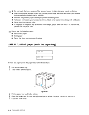 Page 1416 - 8   TROUBLESHOOTING
JAM A1 / JAM A2 (paper jam in the paper tray)
If there is a paper jam in the paper tray, follow these steps: 
1Pull out the paper tray.
2Take out the jammed paper.
Figure 6-2
3Put the paper tray back in the printer.
4Open the back cover. If there is any jammed paper where the paper comes out, remove it.
5Close the back cover.
■Do not touch the toner surface of the jammed paper. It might stain your hands or clothes.
■After removing the jammed paper, and the next printed page is...