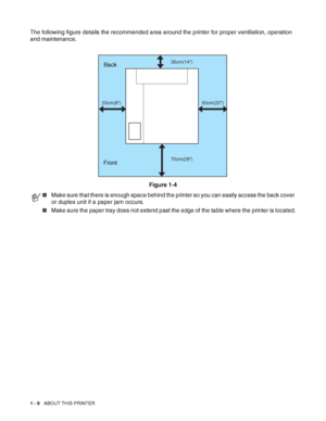 Page 271 - 9   ABOUT THIS PRINTER
The following figure details the recommended area around the printer for proper ventilation, operation 
and maintenance.
Figure 1-4
■Make sure that there is enough space behind the printer so you can easily access the back cover 
or duplex unit if a paper jam occurs.
■Make sure the paper tray does not extend past the edge of the table where the printer is located.
35cm(14)
70cm(28)50cm(20) 20cm(8)Back
Front
 