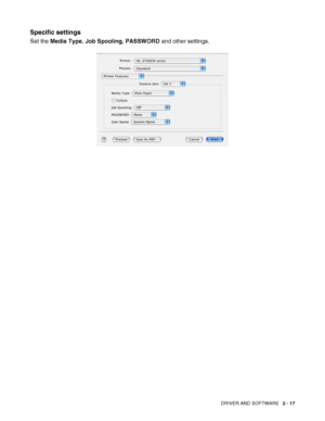 Page 54DRIVER AND SOFTWARE   2 - 17
Specific settings
Set the Media Type, Job Spooling, PASSWORD and other settings.
 