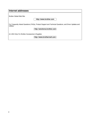 Page 6V
Internet addresses
Brother Global Web Site: 
For Frequently Asked Questions (FAQs), Product Support and Technical Questions, and Driver Updates and 
Utilities: 
(In USA Only) For Brother Accessories & Supplies:
http://www.brother.com
http://solutions.brother.com
http://www.brothermall.com
 